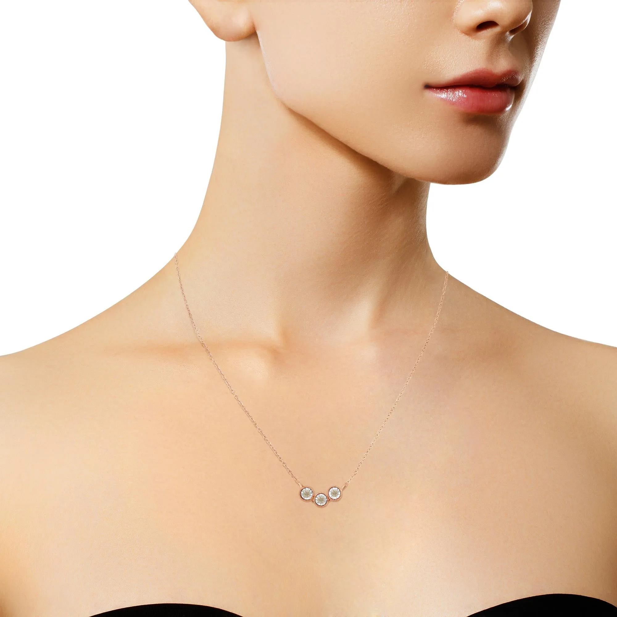 10K Rose and White Gold Plated .925 Sterling Silver 1/4 Cttw Miracle-Set Champagne Diamond Triple Circle 18" Necklace (I