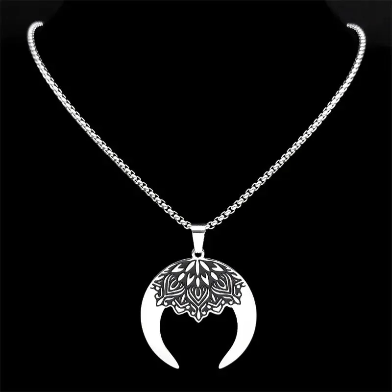 Aesthetic Crescent Moon Lotus Flower Mandala Necklace for Women Men