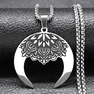 Aesthetic Crescent Moon Lotus Flower Mandala Necklace for Women Men