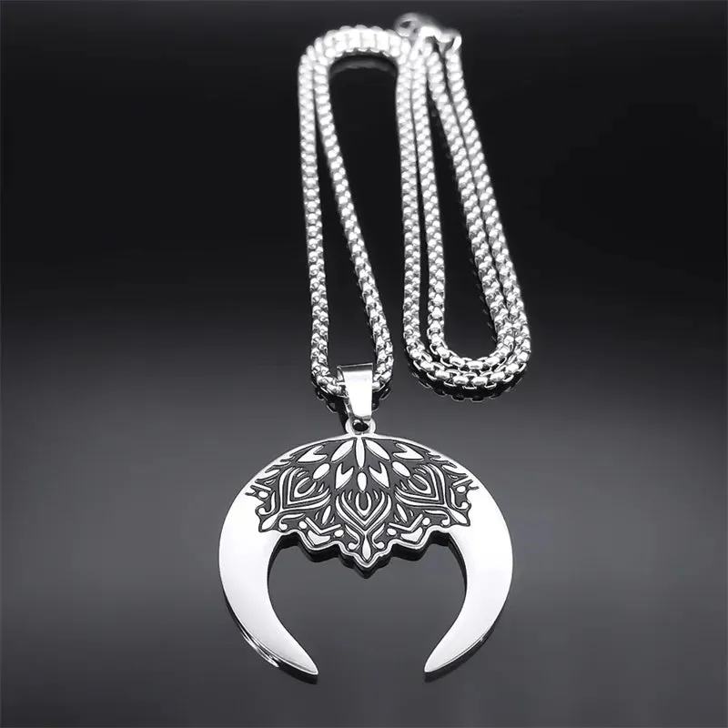Aesthetic Crescent Moon Lotus Flower Mandala Necklace for Women Men