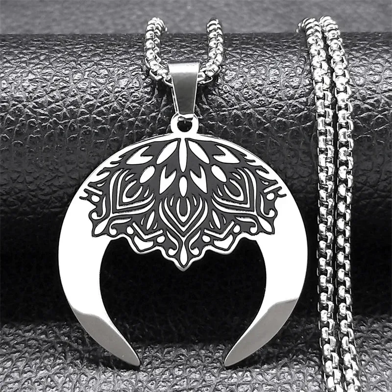 Aesthetic Crescent Moon Lotus Flower Mandala Necklace for Women Men