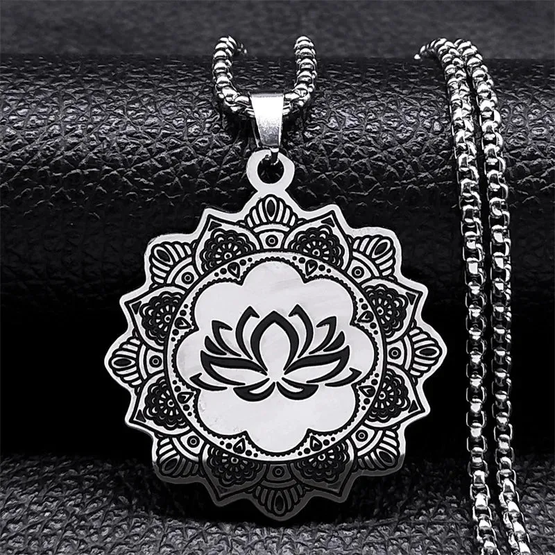 Aesthetic Crescent Moon Lotus Flower Mandala Necklace for Women Men