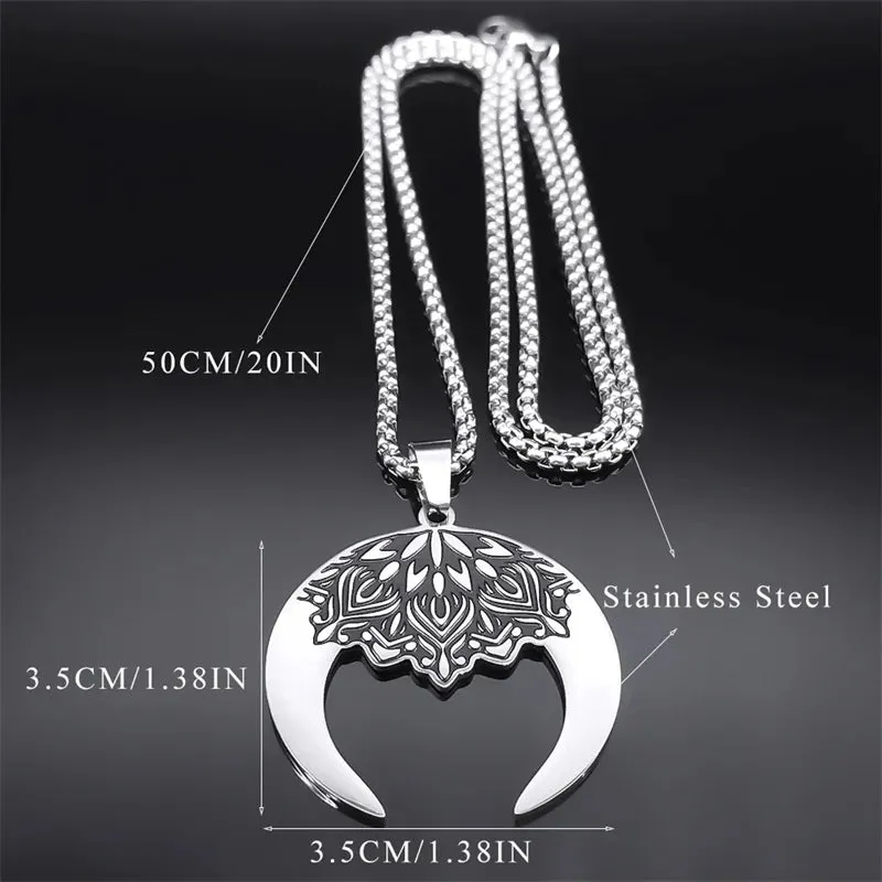 Aesthetic Crescent Moon Lotus Flower Mandala Necklace for Women Men