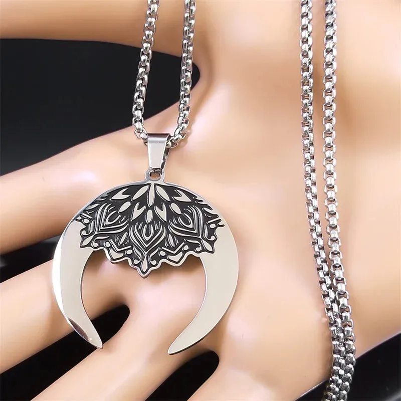 Aesthetic Crescent Moon Lotus Flower Mandala Necklace for Women Men