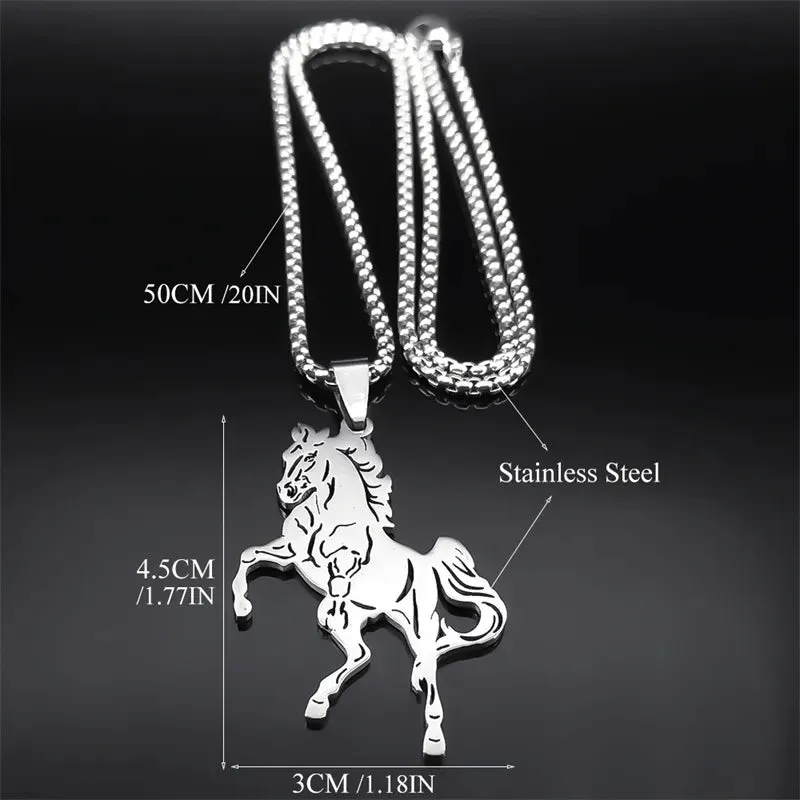 Aesthetic Horse Animal Necklace for Women Men Stainless Steel Silver Color