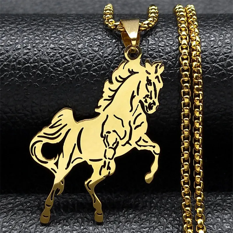 Aesthetic Horse Animal Necklace for Women Men Stainless Steel Silver Color