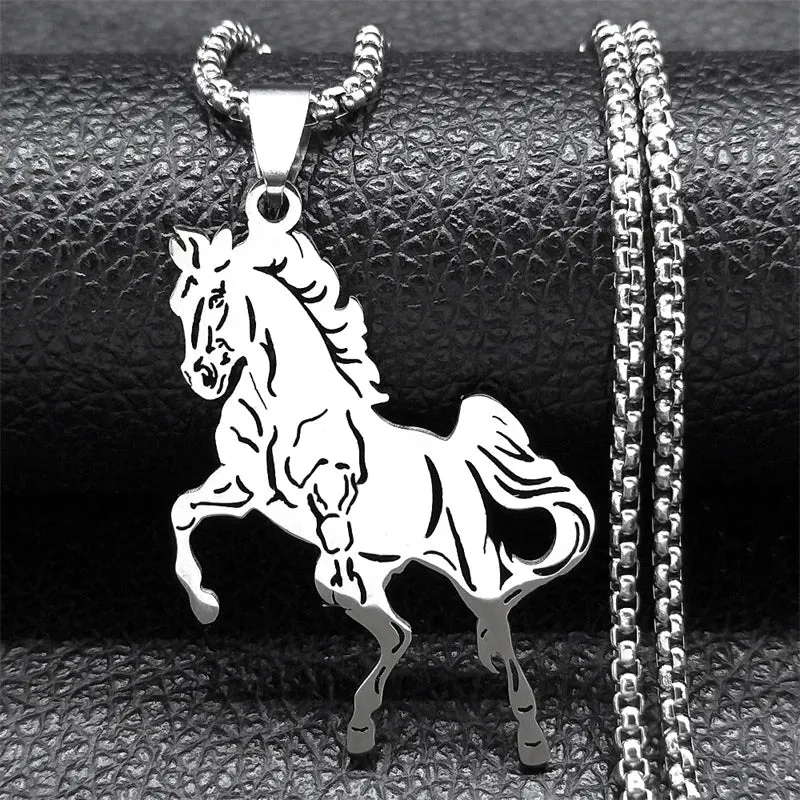 Aesthetic Horse Animal Necklace for Women Men Stainless Steel Silver Color