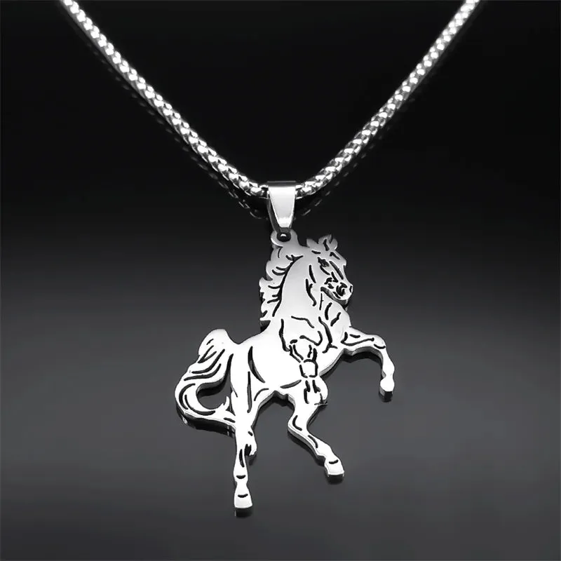 Aesthetic Horse Animal Necklace for Women Men Stainless Steel Silver Color