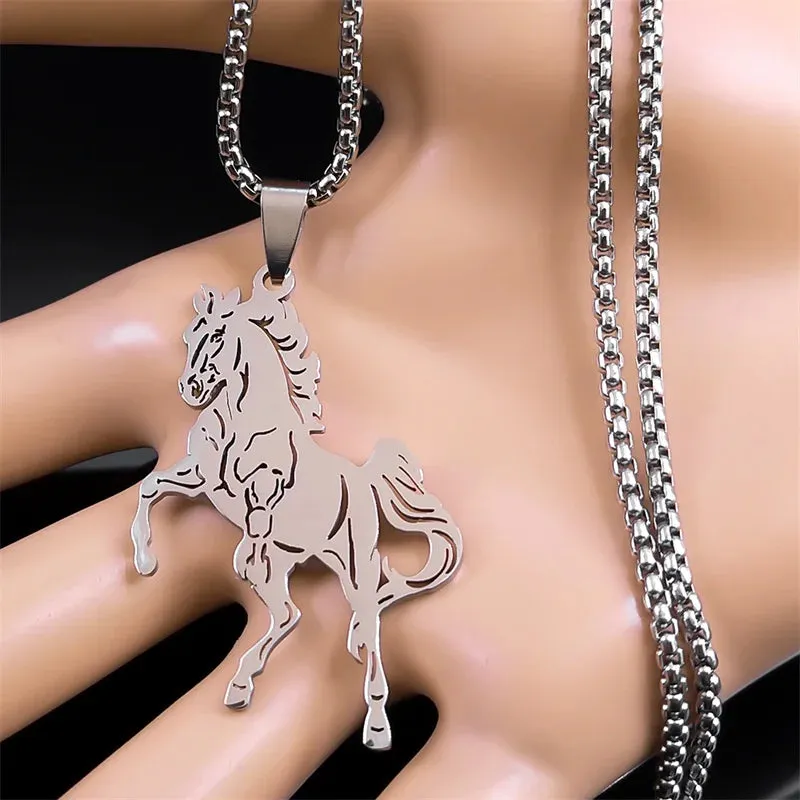 Aesthetic Horse Animal Necklace for Women Men Stainless Steel Silver Color