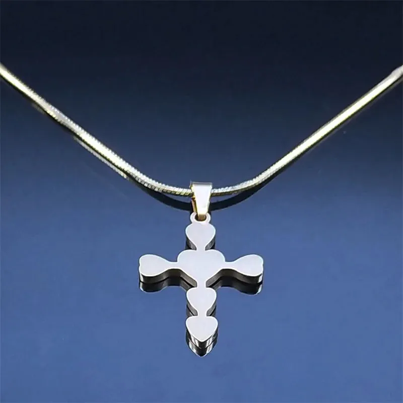 Aesthetic Love Heart Cross Necklace for Women Men Stainless Steel Gold Color Jesus Christ Snake Chain