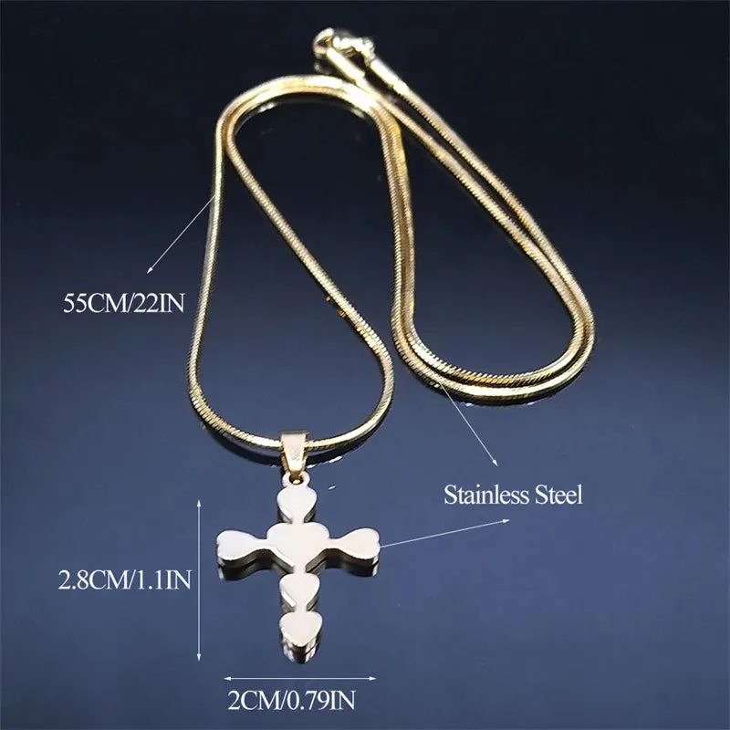 Aesthetic Love Heart Cross Necklace for Women Men Stainless Steel Gold Color Jesus Christ Snake Chain