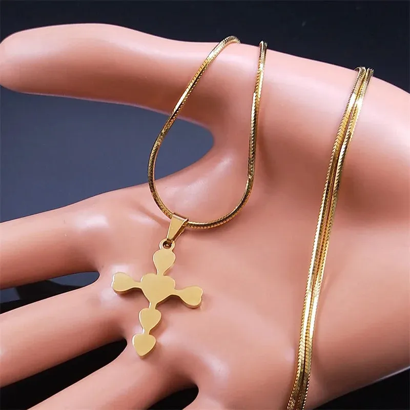 Aesthetic Love Heart Cross Necklace for Women Men Stainless Steel Gold Color Jesus Christ Snake Chain