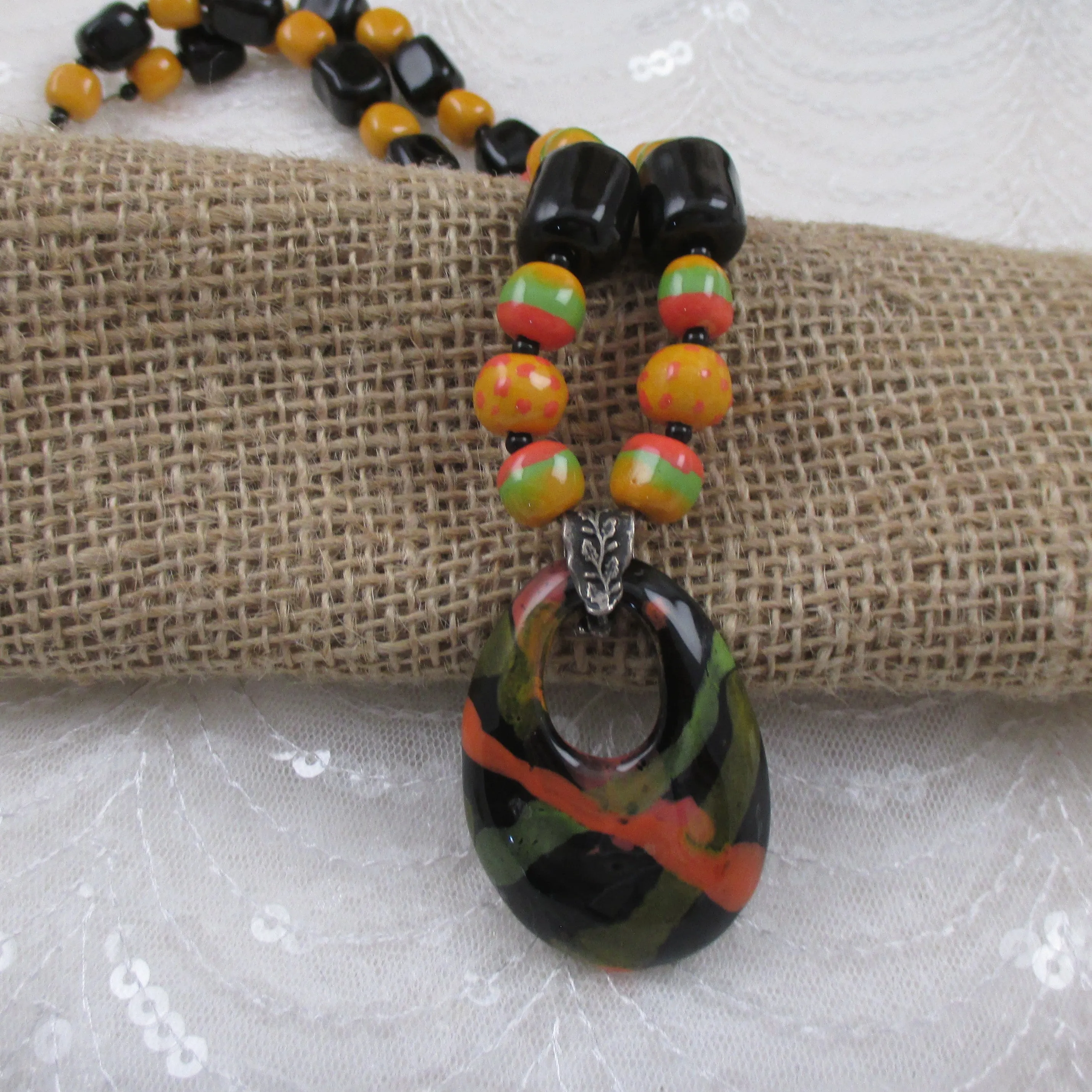 African Fair Trade Kazuri Necklace in Black, Green and Buttercup