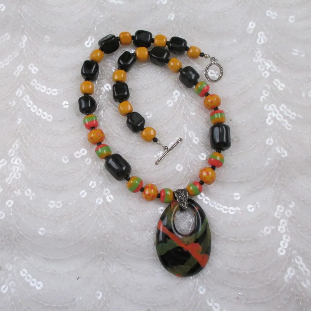 African Fair Trade Kazuri Necklace in Black, Green and Buttercup