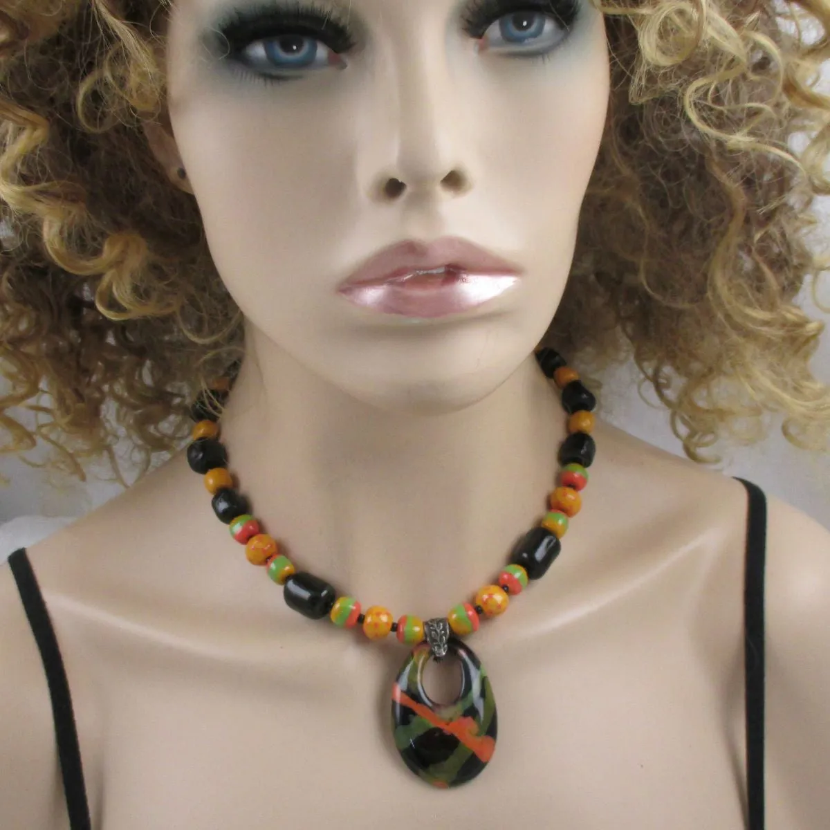 African Fair Trade Kazuri Necklace in Black, Green and Buttercup