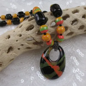 African Fair Trade Kazuri Necklace in Black, Green and Buttercup