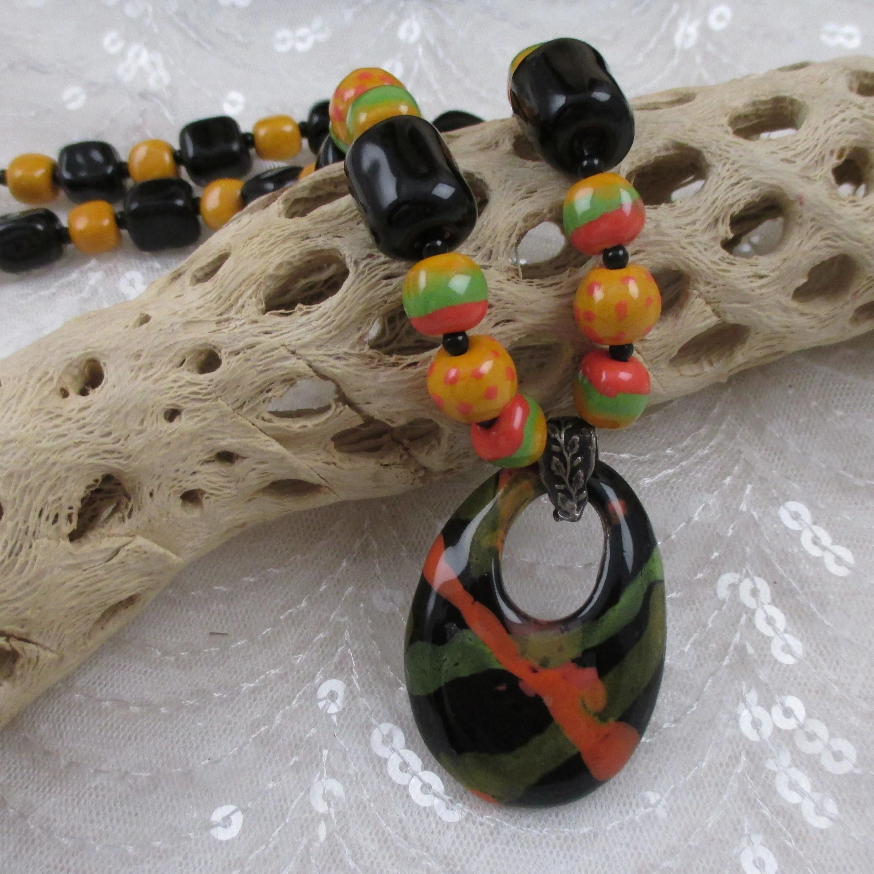 African Fair Trade Kazuri Necklace in Black, Green and Buttercup