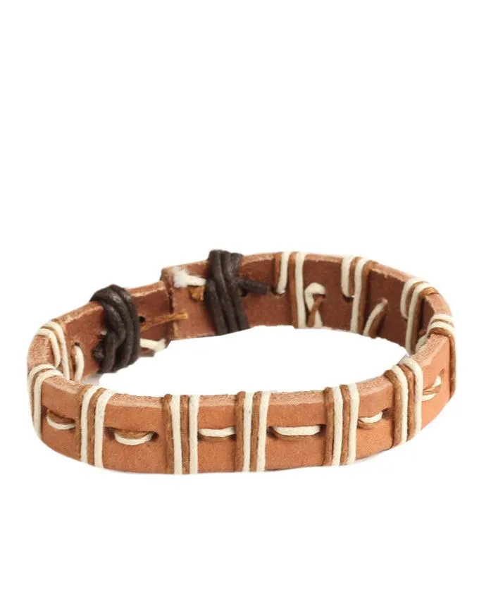 ALPHA MAN Men's Sparsed Thread-Woven Leather Adjustable Cord Surfer Bracelet-brown
