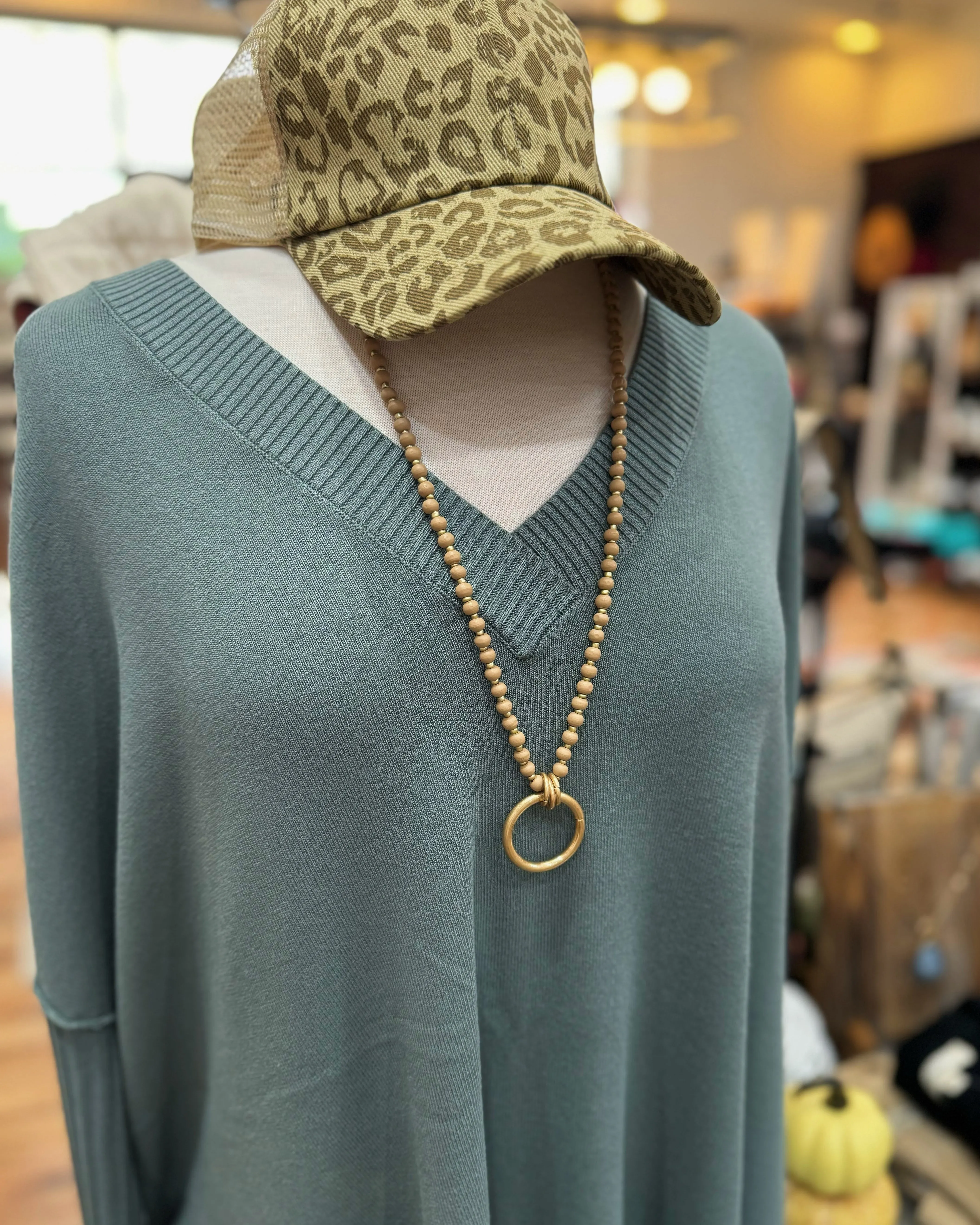 Beige Wood Beaded Necklace with Gold Ring