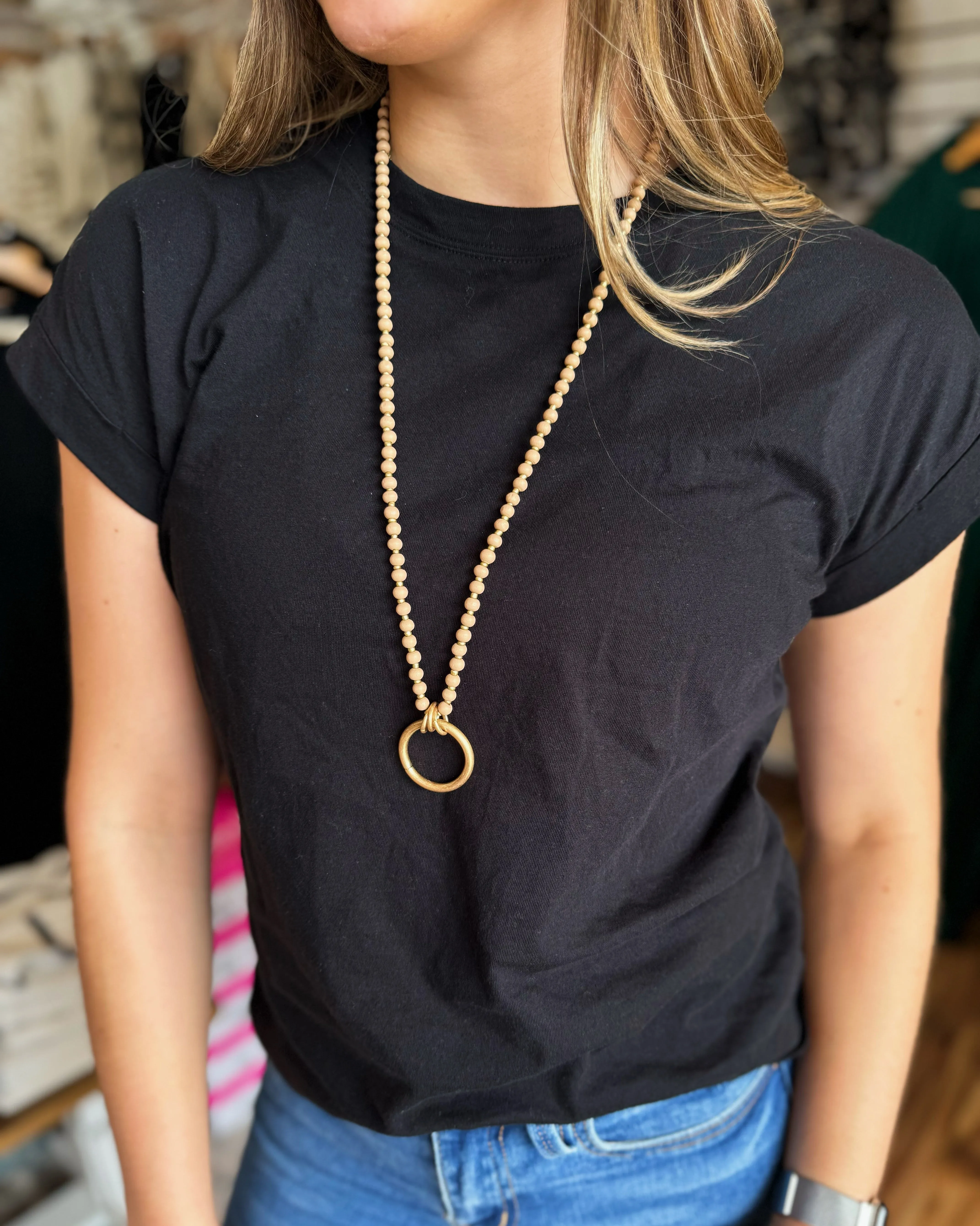 Beige Wood Beaded Necklace with Gold Ring