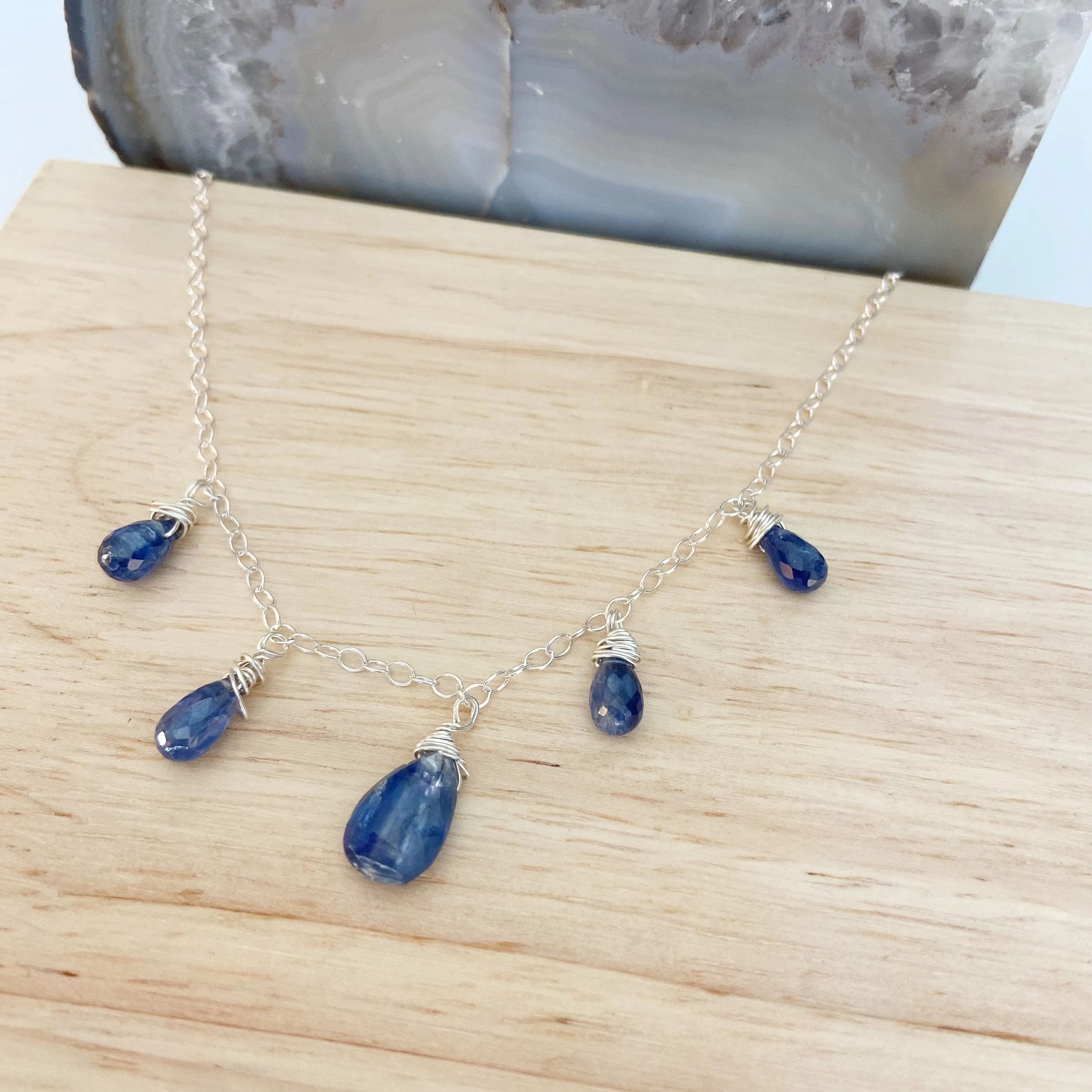 Bright Blue Kyanite Gradient Size Teardrop Necklace in Silver or Gold (16 inches)
