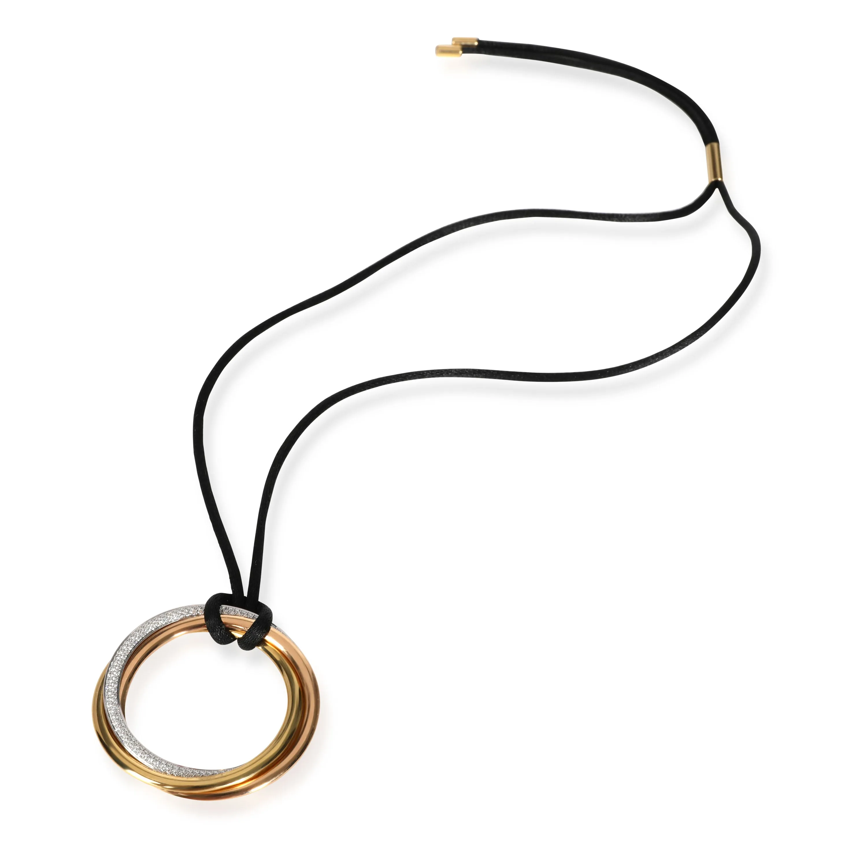 Cartier Trinity Diamond Necklace, 18K 3 Tone Gold 1/1 Ctw, on a Black Silk Cord