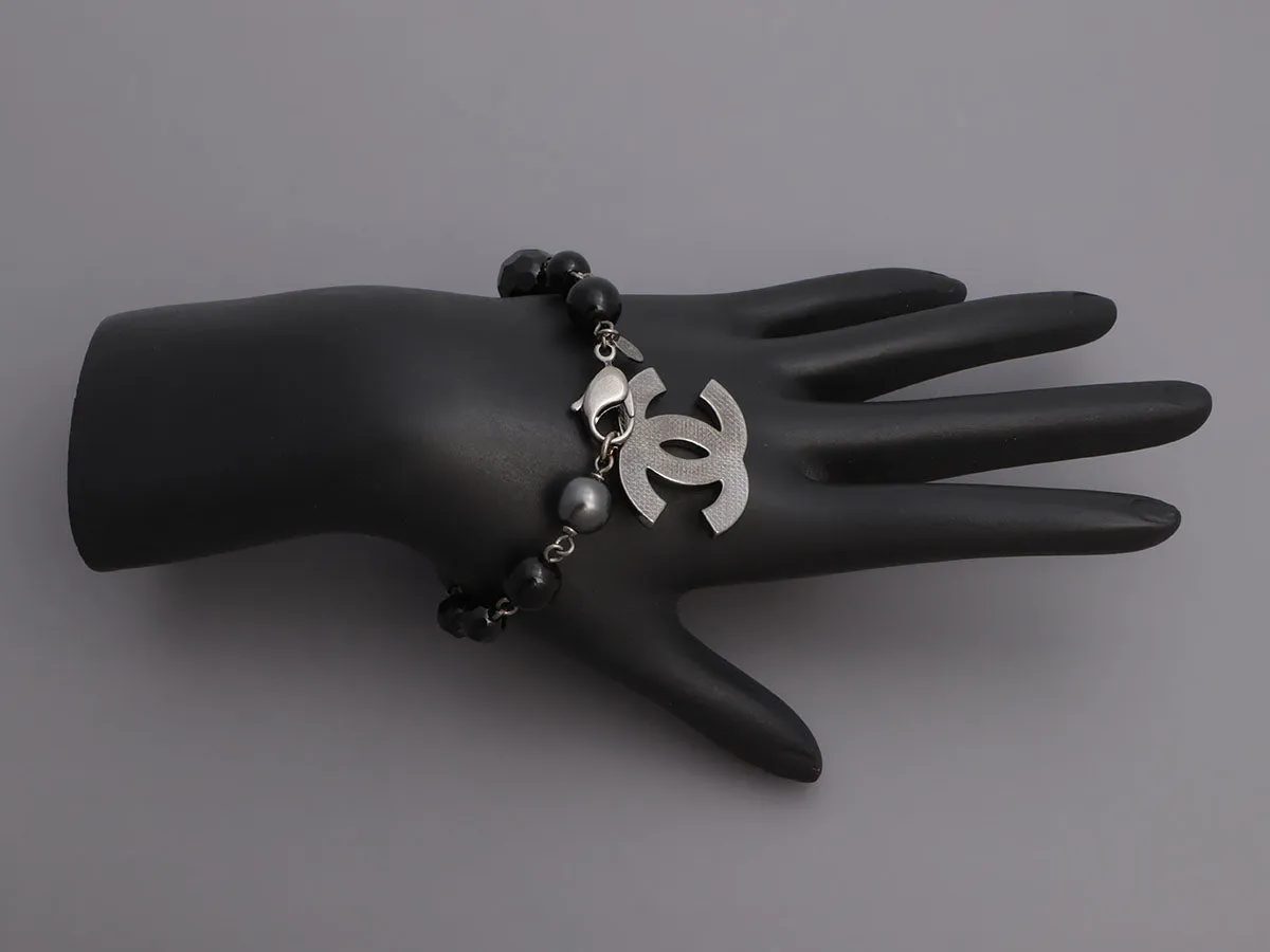 Chanel Black Bead and Pearl Logo Drop Bracelet