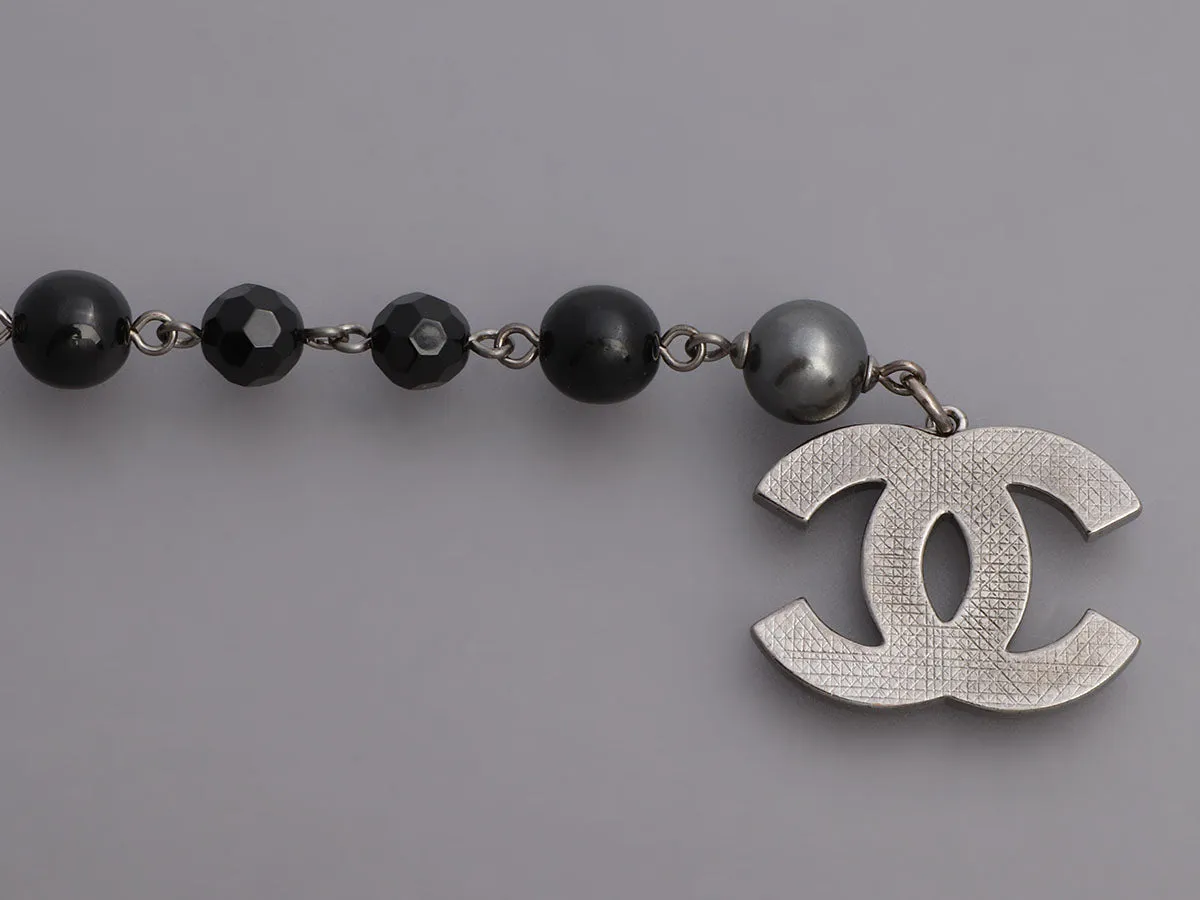 Chanel Black Bead and Pearl Logo Drop Bracelet
