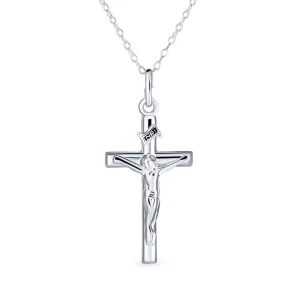 Christian Catholic Crucifix Cross Pendant Necklace Sterling Silver 1.25 Inch