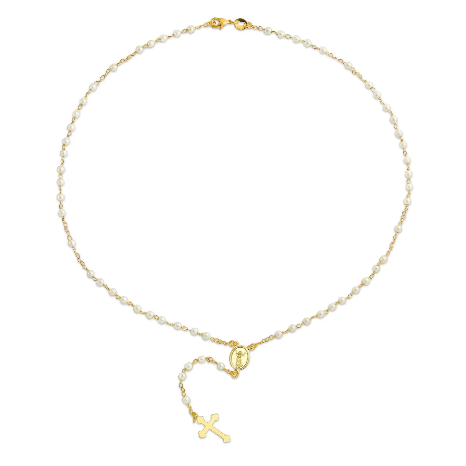 Dainty Religious Guardian Angel Rosary Necklace with White Simulated Pearls 18K Gold