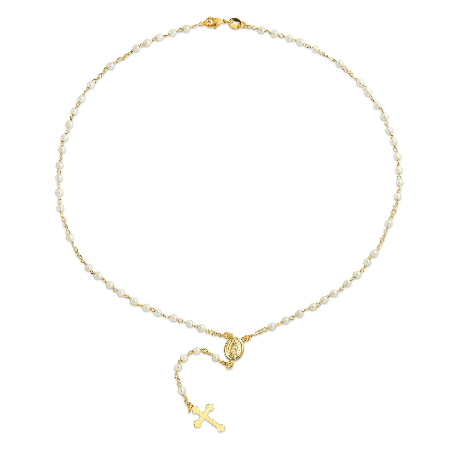 Dainty Religious Guardian Angel Rosary Necklace with White Simulated Pearls 18K Gold