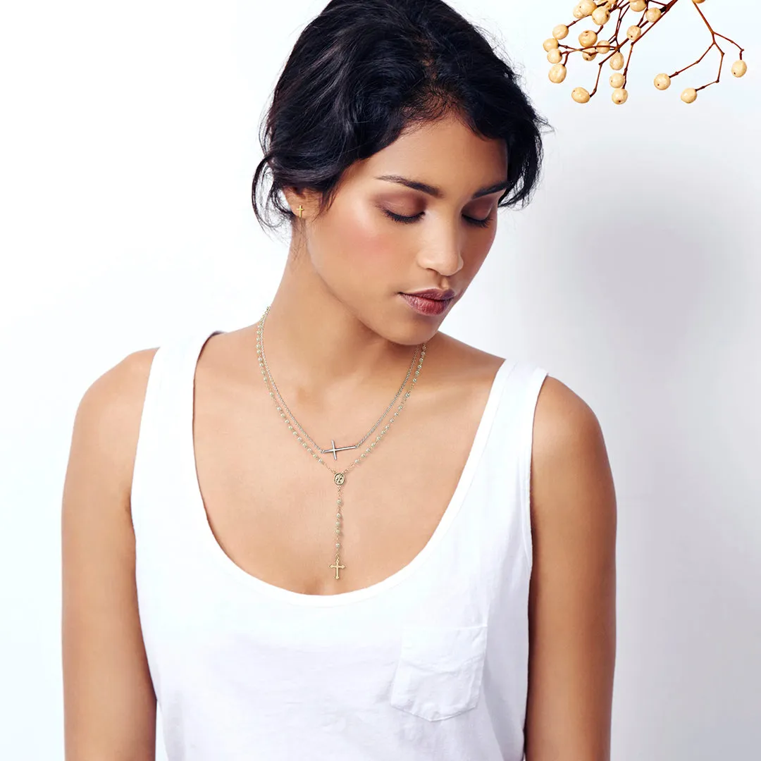 Dainty Religious Guardian Angel Rosary Necklace with White Simulated Pearls 18K Gold