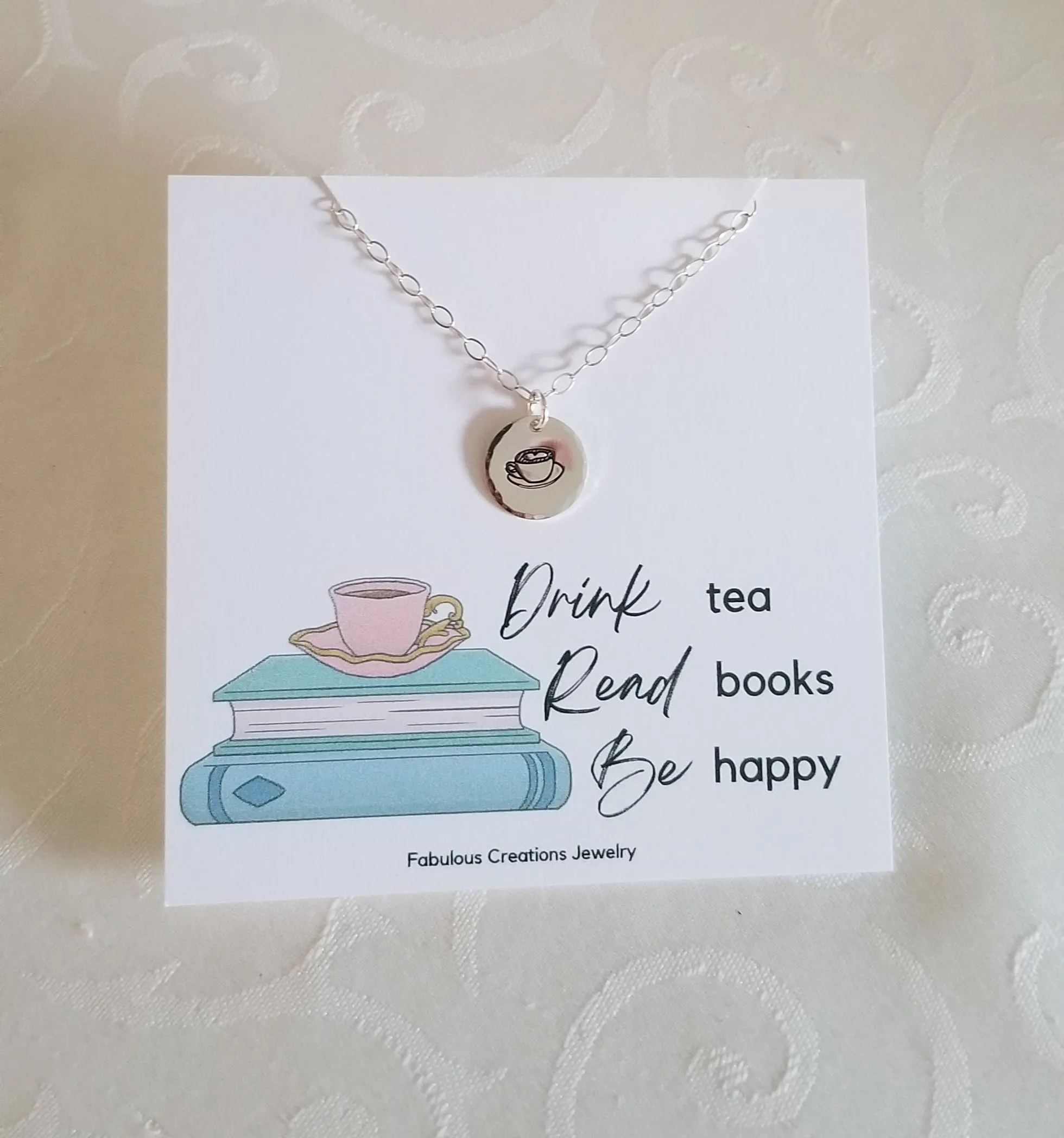 Dainty Tea Cup Charm Necklace, Drink Tea Read Books Be Happy