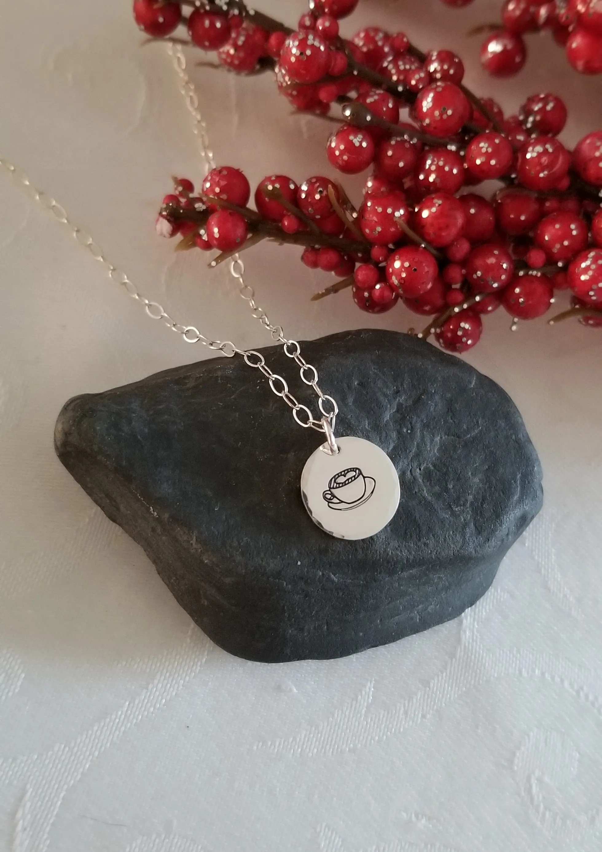 Dainty Tea Cup Charm Necklace, Drink Tea Read Books Be Happy