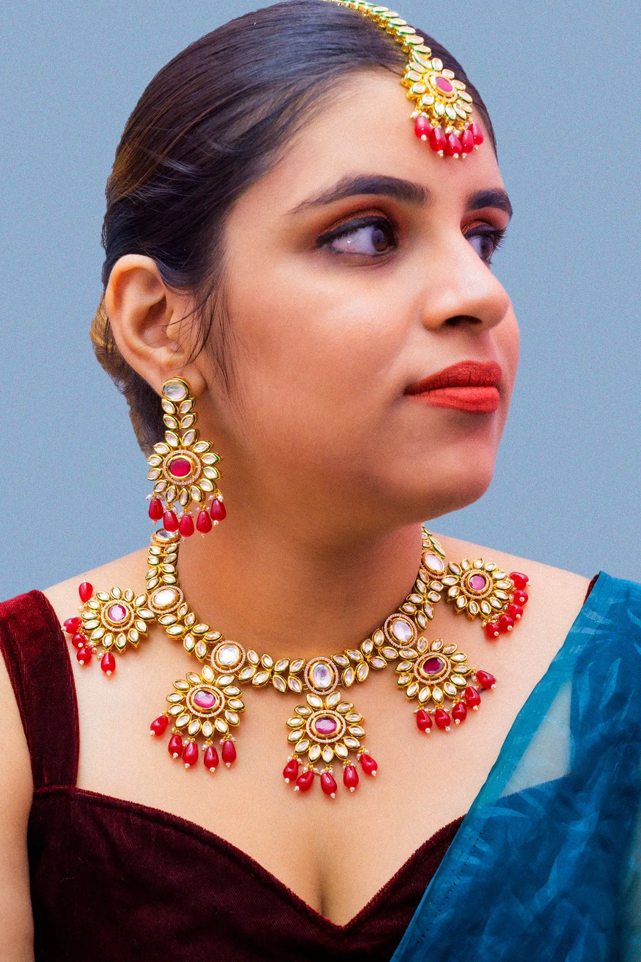 Designer Gold Plated Royal Kundan Ruby Necklace With Earrings (D875)