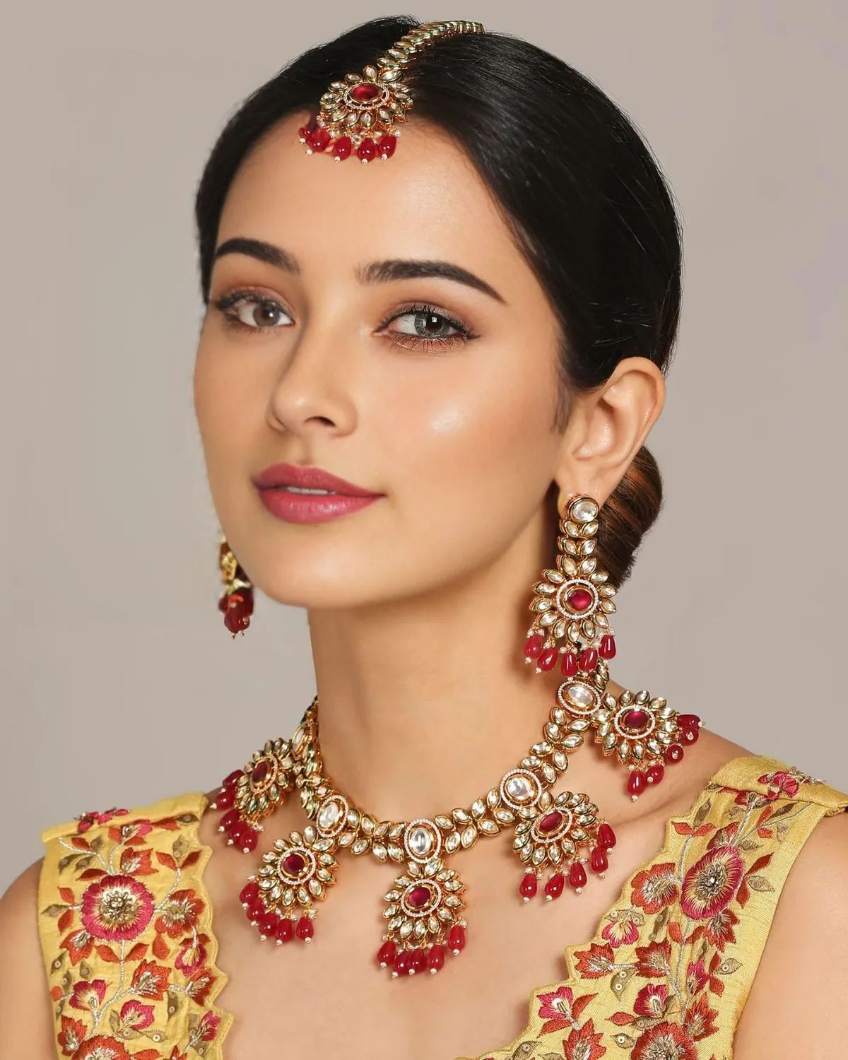 Designer Gold Plated Royal Kundan Ruby Necklace With Earrings (D875)
