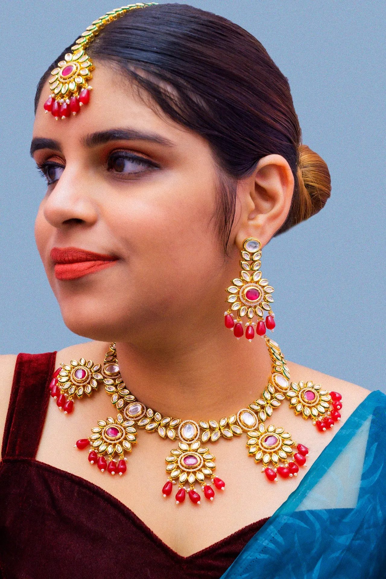 Designer Gold Plated Royal Kundan Ruby Necklace With Earrings (D875)