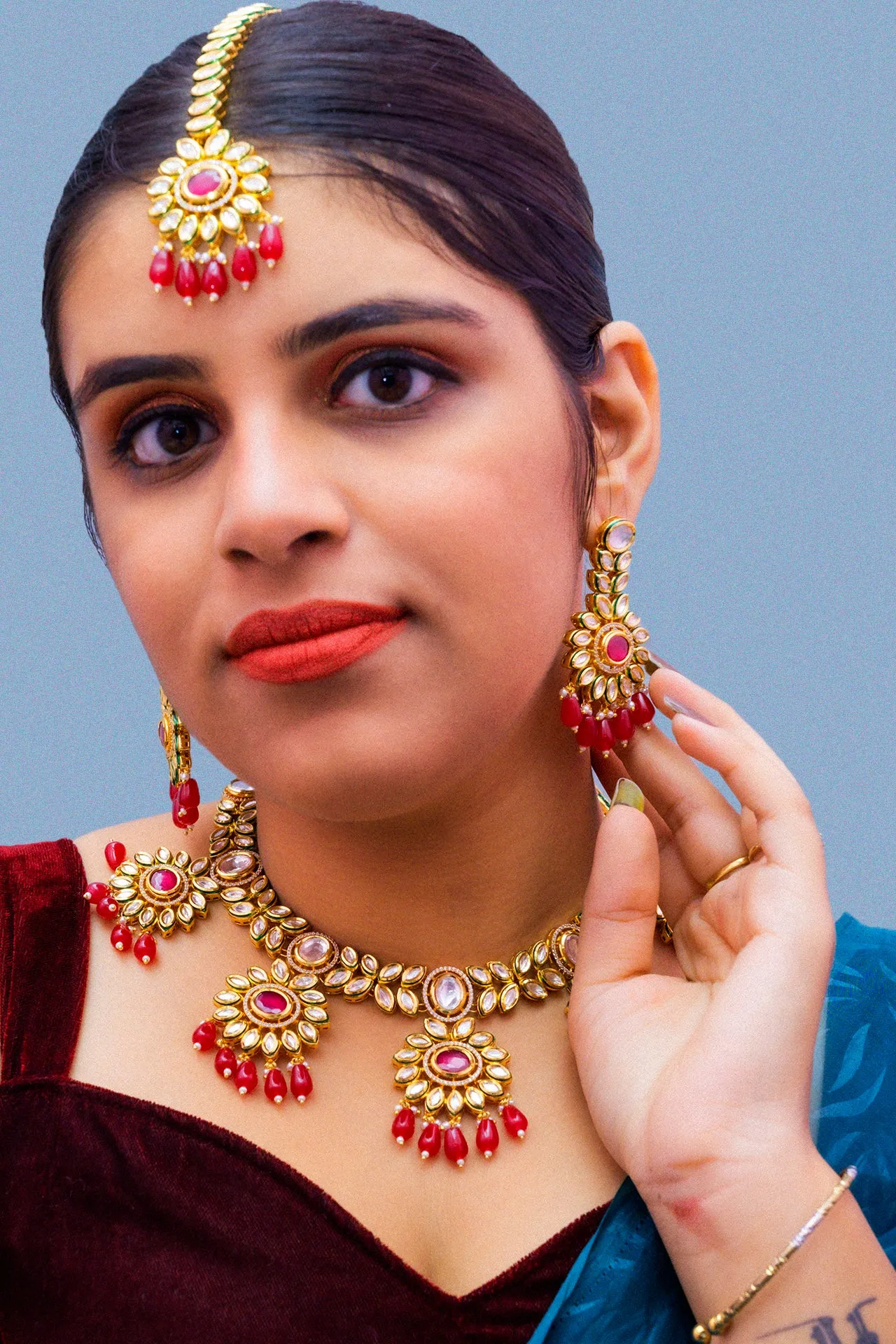 Designer Gold Plated Royal Kundan Ruby Necklace With Earrings (D875)