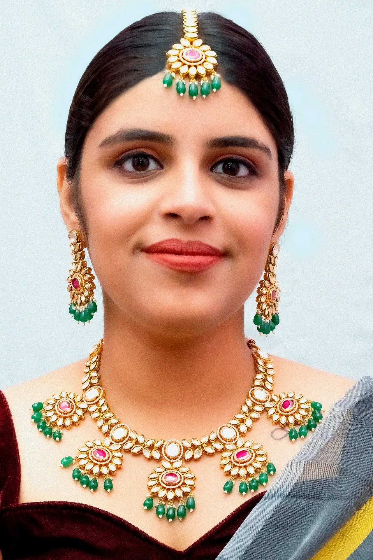 Designer Gold Plated Royal Kundan Ruby Necklace With Earrings (D875)
