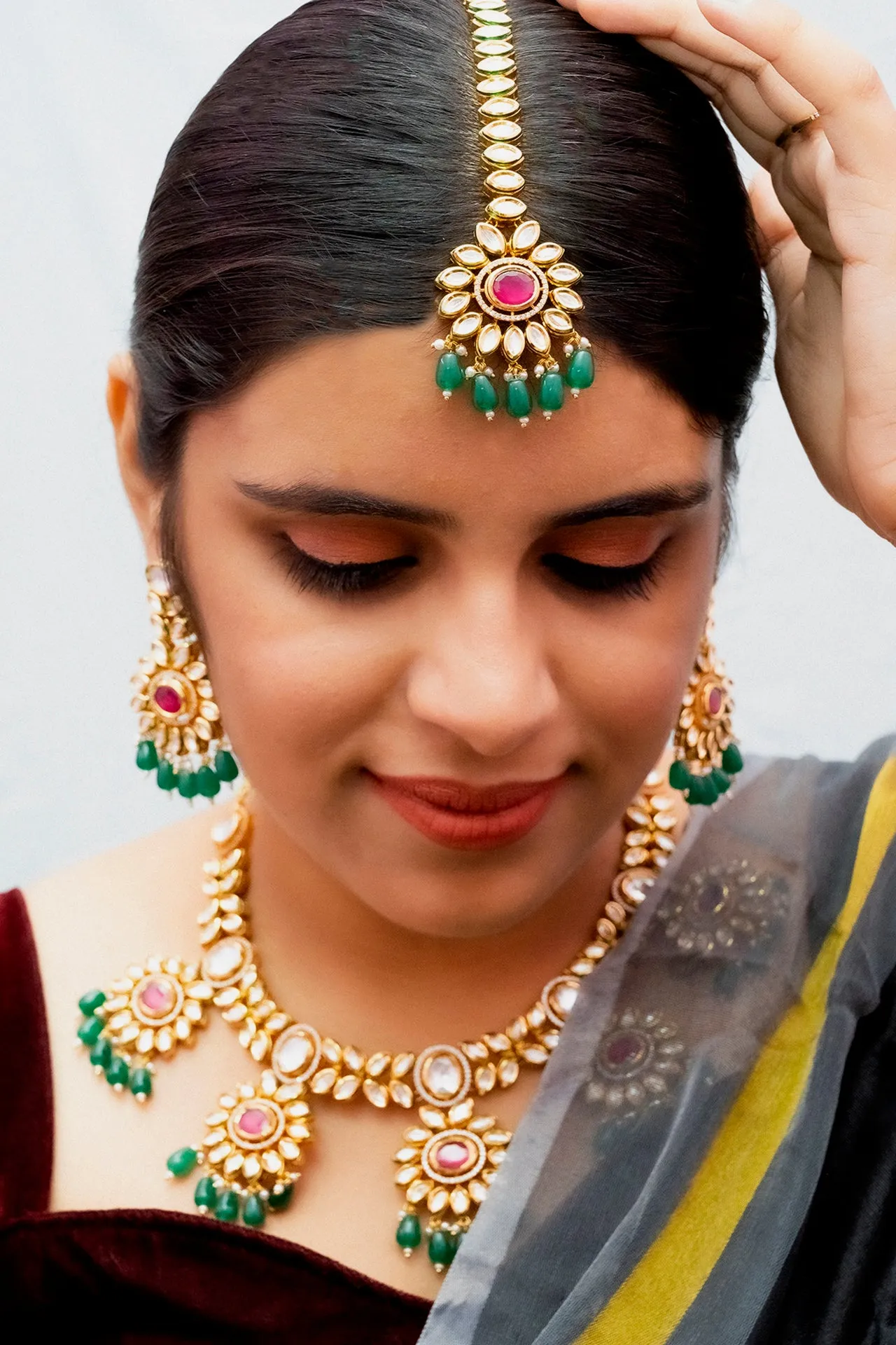 Designer Gold Plated Royal Kundan Ruby Necklace With Earrings (D875)
