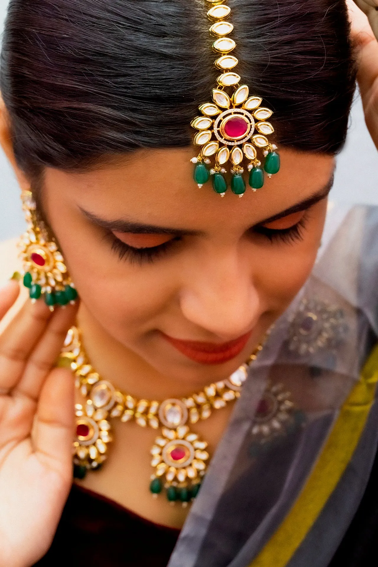 Designer Gold Plated Royal Kundan Ruby Necklace With Earrings (D875)