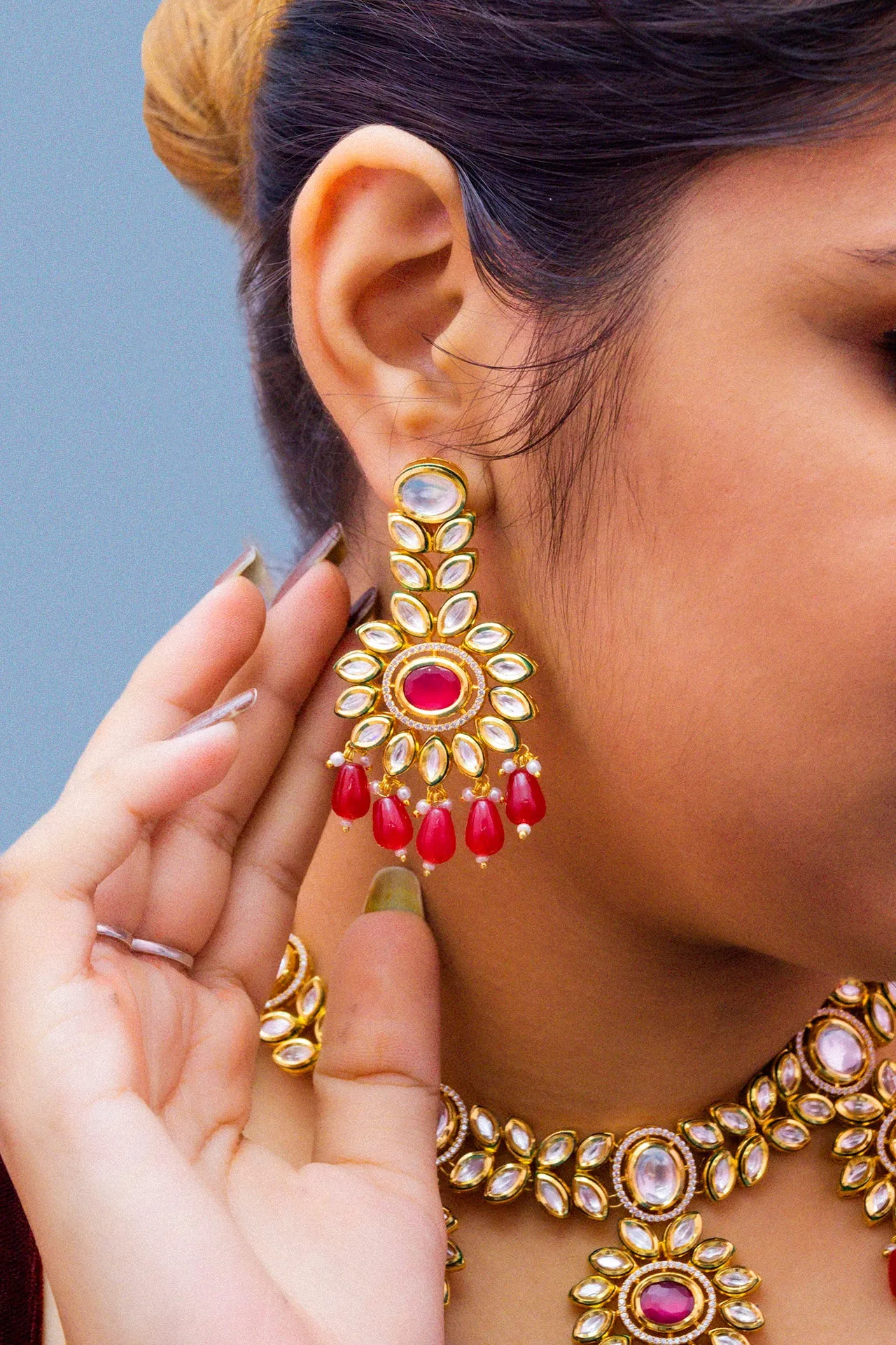 Designer Gold Plated Royal Kundan Ruby Necklace With Earrings (D875)
