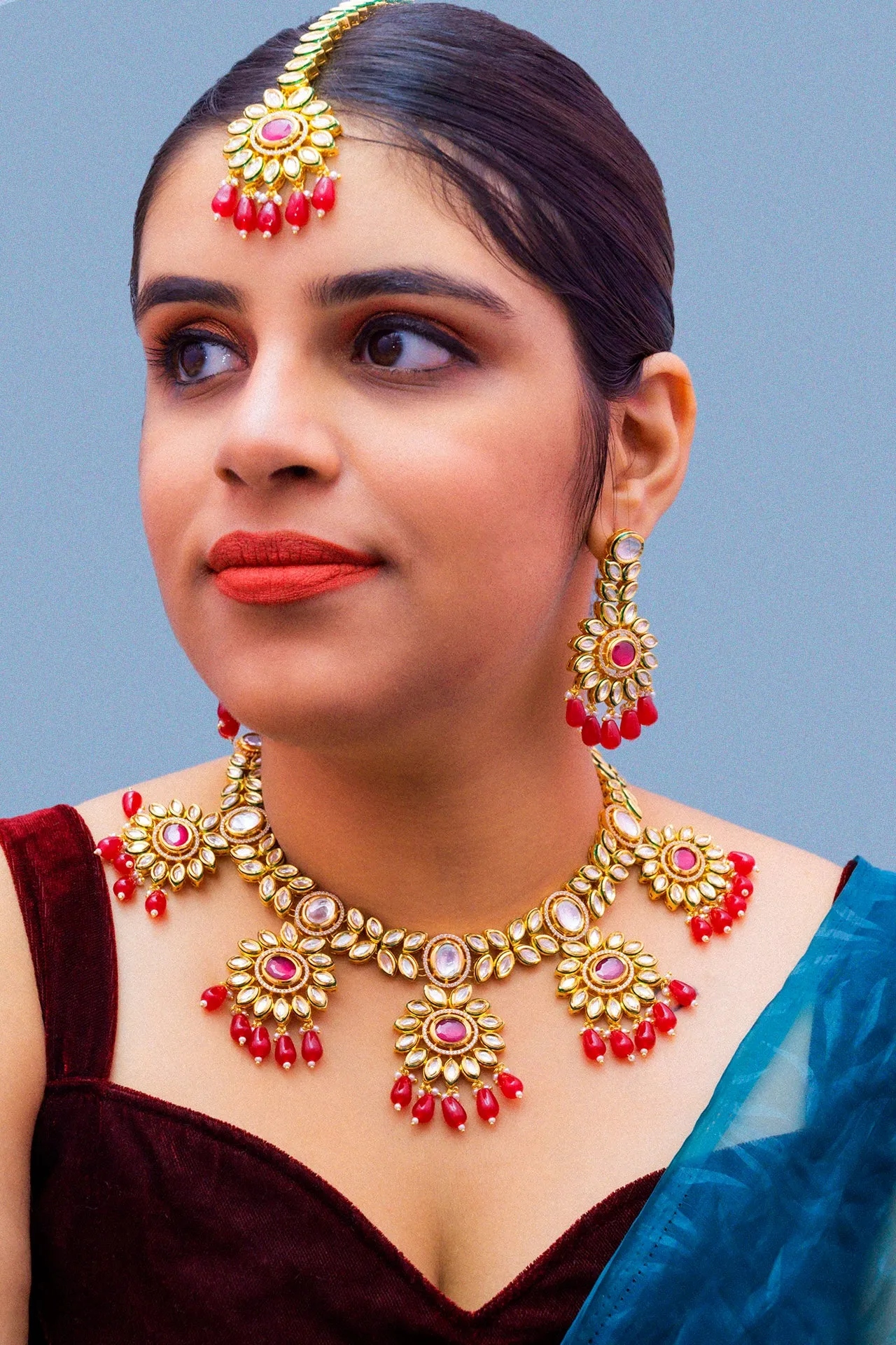 Designer Gold Plated Royal Kundan Ruby Necklace With Earrings (D875)