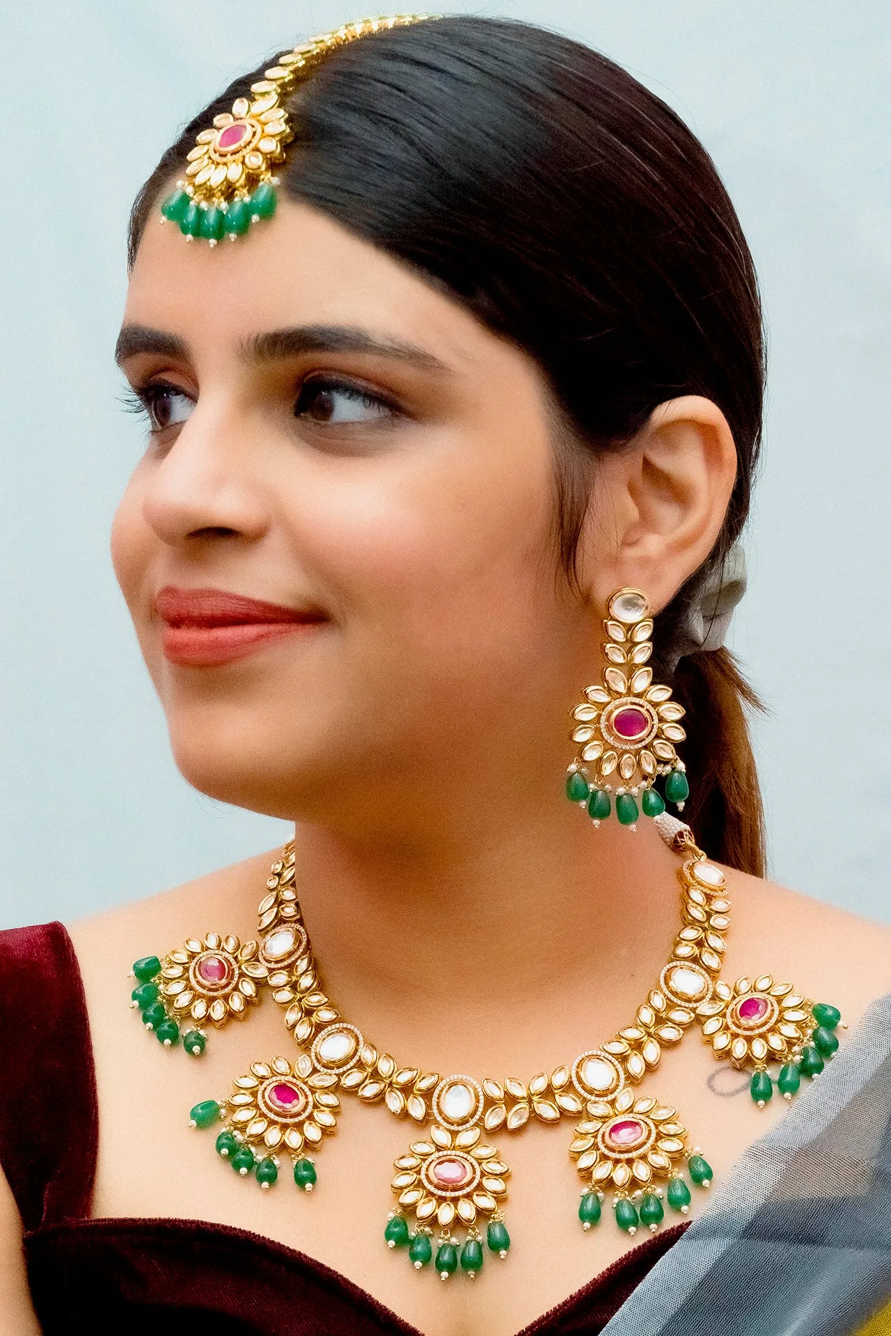 Designer Gold Plated Royal Kundan Ruby Necklace With Earrings (D875)