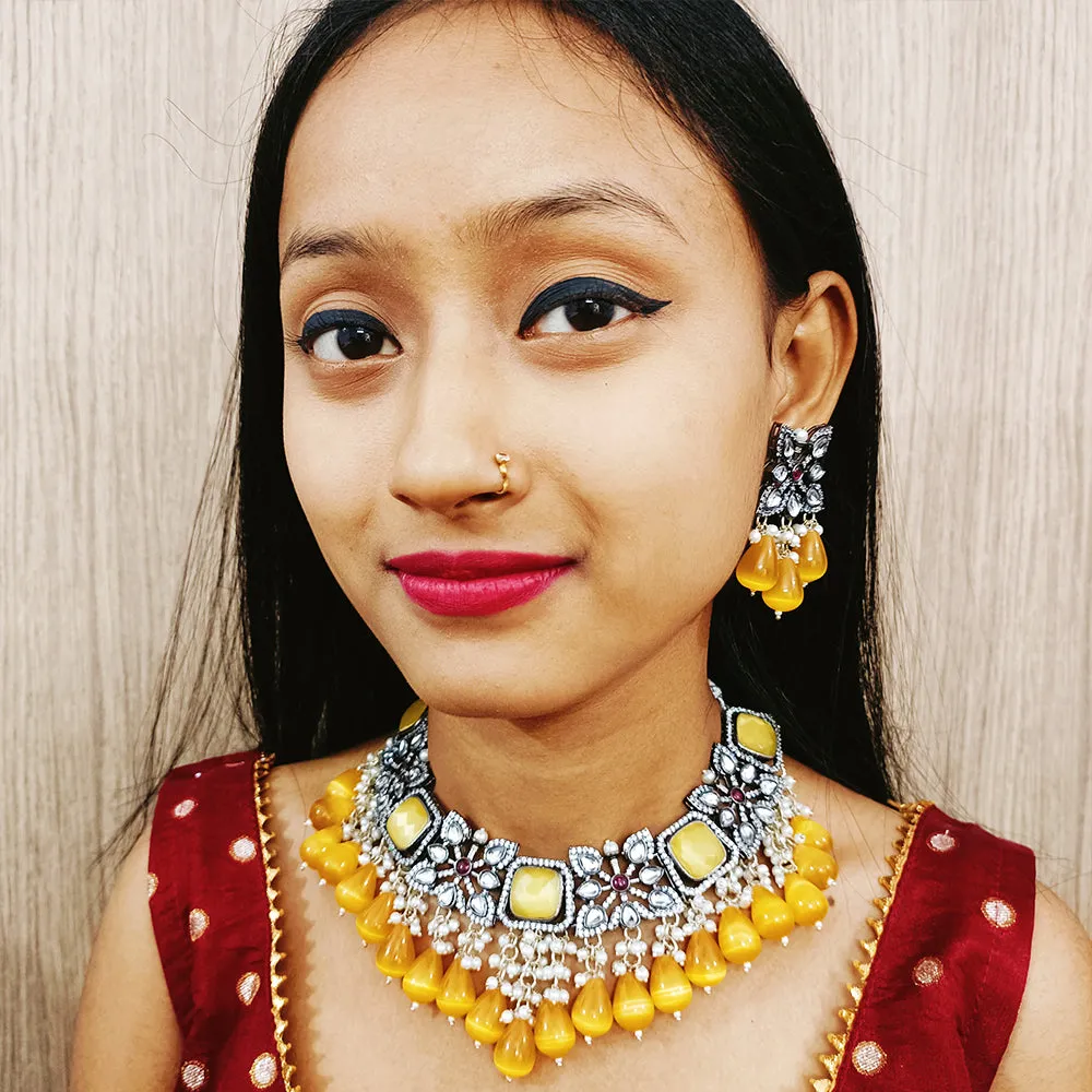 Designer White & Yellow Beaded Necklace with Earrings (D158)