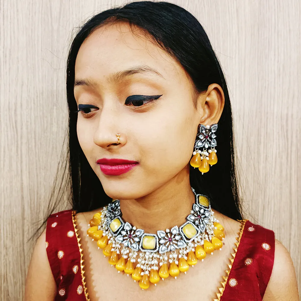 Designer White & Yellow Beaded Necklace with Earrings (D158)