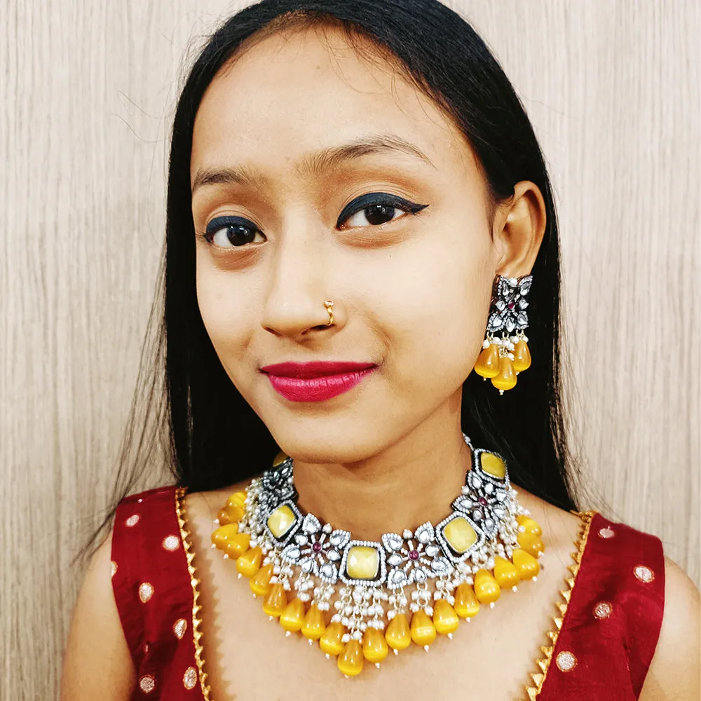 Designer White & Yellow Beaded Necklace with Earrings (D158)