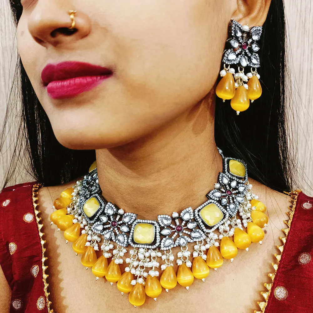Designer White & Yellow Beaded Necklace with Earrings (D158)