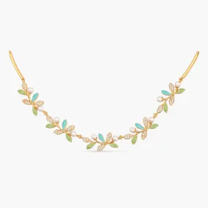 Eriha Pearl Delicate CZ Green Leaf Necklace