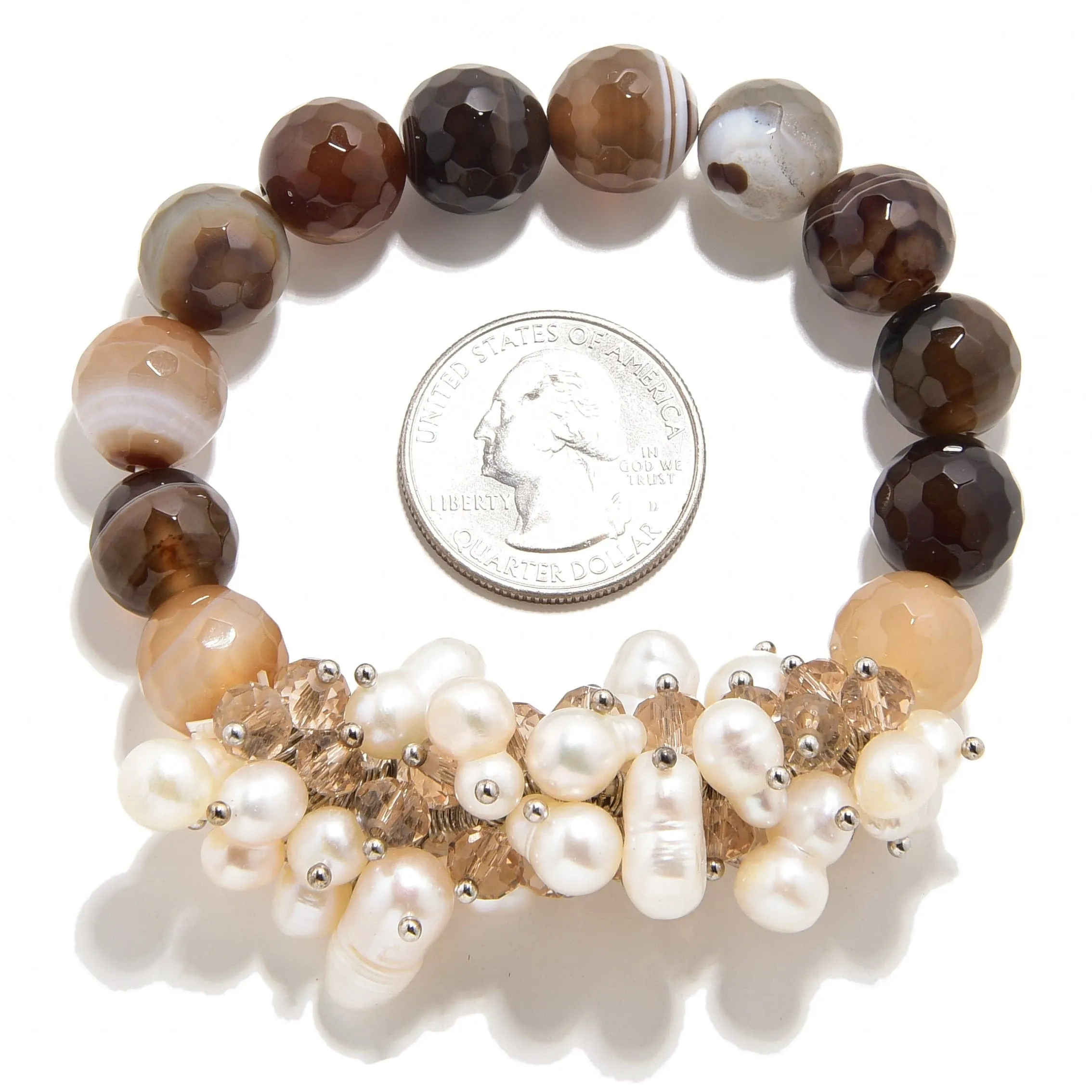 Faceted Coffee Agate & Freshwater Pearls 12mm Gemstone Bead Elastic Bracelet